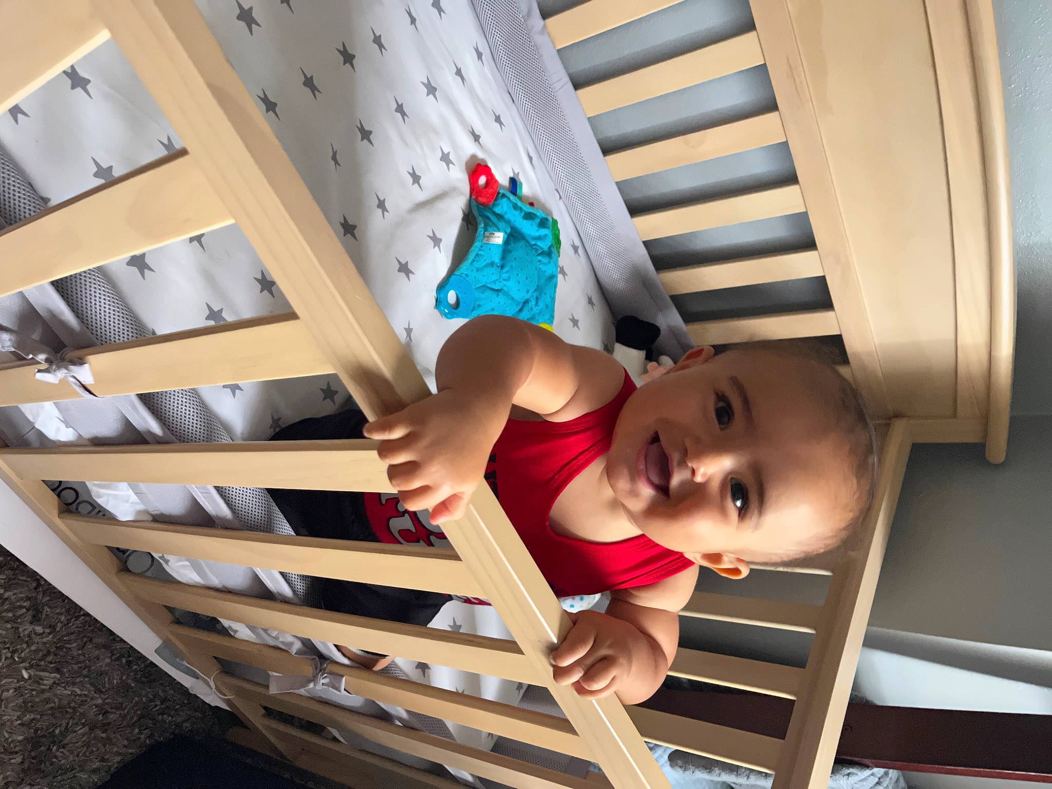 Desmond joined the competition — help win amazing prizes! baby, baby_products, baby_toddler_clothing, child, flooring, fun, happy, hardwood, house, joy, leisure, person, product, room, sitting, smile, snapshot, stairs, toddler, tree