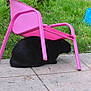 animal, black_cat, cat, daylight, feline, garden, grass, greenery, hidden, nature, outdoor, patio, pet, pink_chair, quiet, resting, shade, small_bush, solitude, tiled_floor