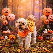 Leo is registered to the contest to win money with this photo: dog, pumpkin_costume, halloween, autumn, fall_leaves, balloons, pumpkins, forest, decorations, ghost, moss, orange, festive, cute, pet, smiling, outdoor, seasonal, holiday, costume