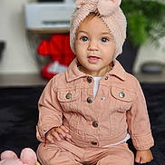 Sarah a rejoint le concours — aidez-le/la à gagner de superbes lots ! adorable, baby, baby_jacket, baby_pants, baby_socks, blue_eyes, bunny_ears, child, cute, headband, indoor, infant, pink_clothing, plush_toy, portrait, sitting, smiling, soft_texture, warm_colors, young_child