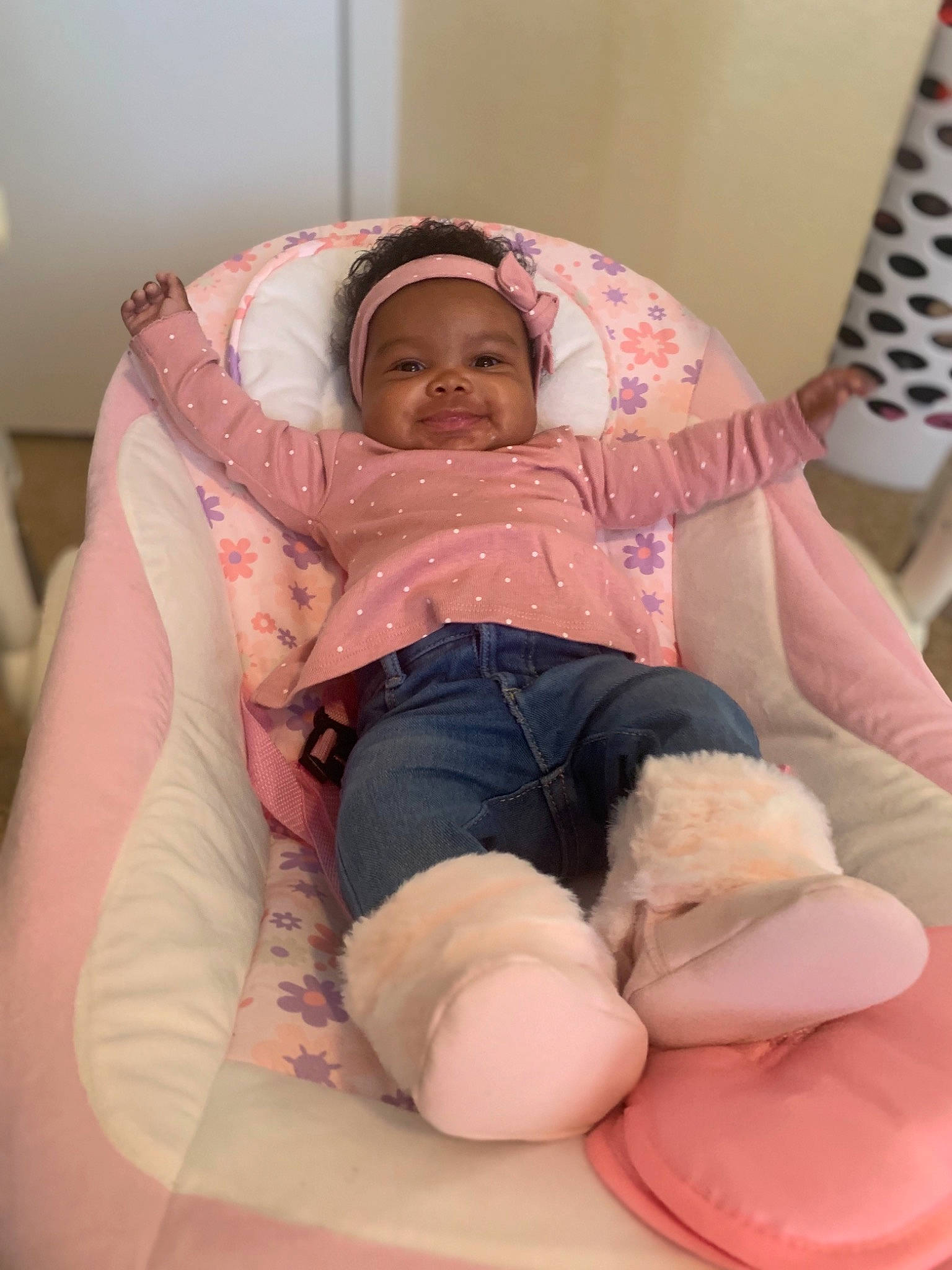 Royal joined the competition — help win amazing prizes! baby, baby_products, baby_sleeping, baby_toddler_clothing, cheek, child, comfort, headwear, human_leg, knee, lap, linens, person, pink, product, room, skin, smile, sock, textile