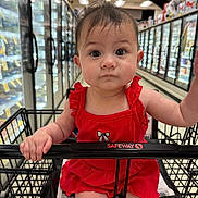 Jenna is registered to the contest to win money with this photo: baby, child, grocery_cart, shopping, red_dress, indoor, aisle, supermarket, toddler, person, face, hand, hair, clothing, seat, shopping_cart, store, retail, curious, expression