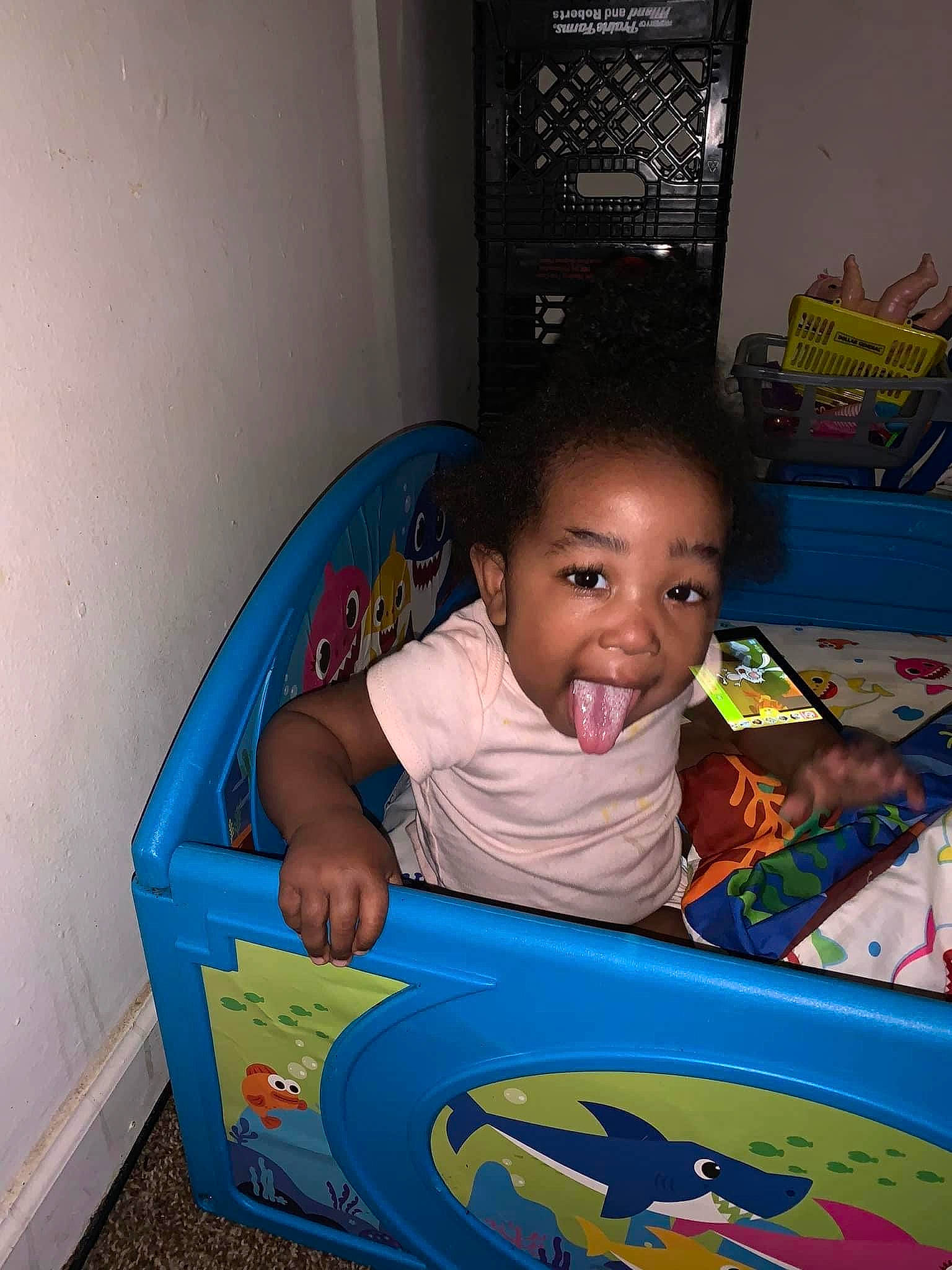 Zinnia is registered to the contest to win money with this photo: baby, baby_toys, box, chair, child, electric_blue, electronic_device, fun, gadget, leisure, person, plastic, play, product, recreation, room, sharing, sitting, t_shirt, technology