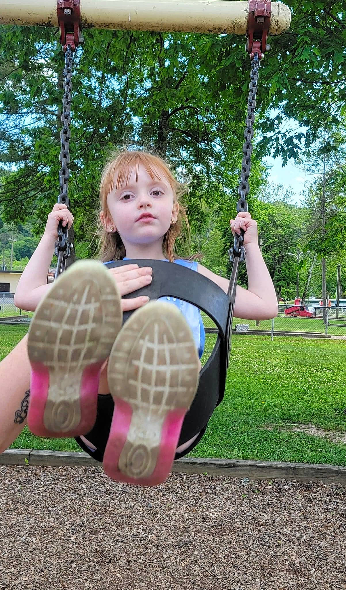 Peyton joined the competition — help win amazing prizes! blond, child, city, fun, grass, happy, leisure, outdoor_play_equipment, pattern, person, pink, plaid, plant, playground, recreation, summer, swing, tableware, tartan, toddler