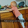 Kaden joined the competition — help win amazing prizes! toddler, child, kitchen, dishwashing, sink, countertop, wooden_cabinets, stool, pink_shirt, blue_pants, blond_hair, side_profile, standing, climbing, household_chores, utensils, dishes, toy, indoor, text_overlay
