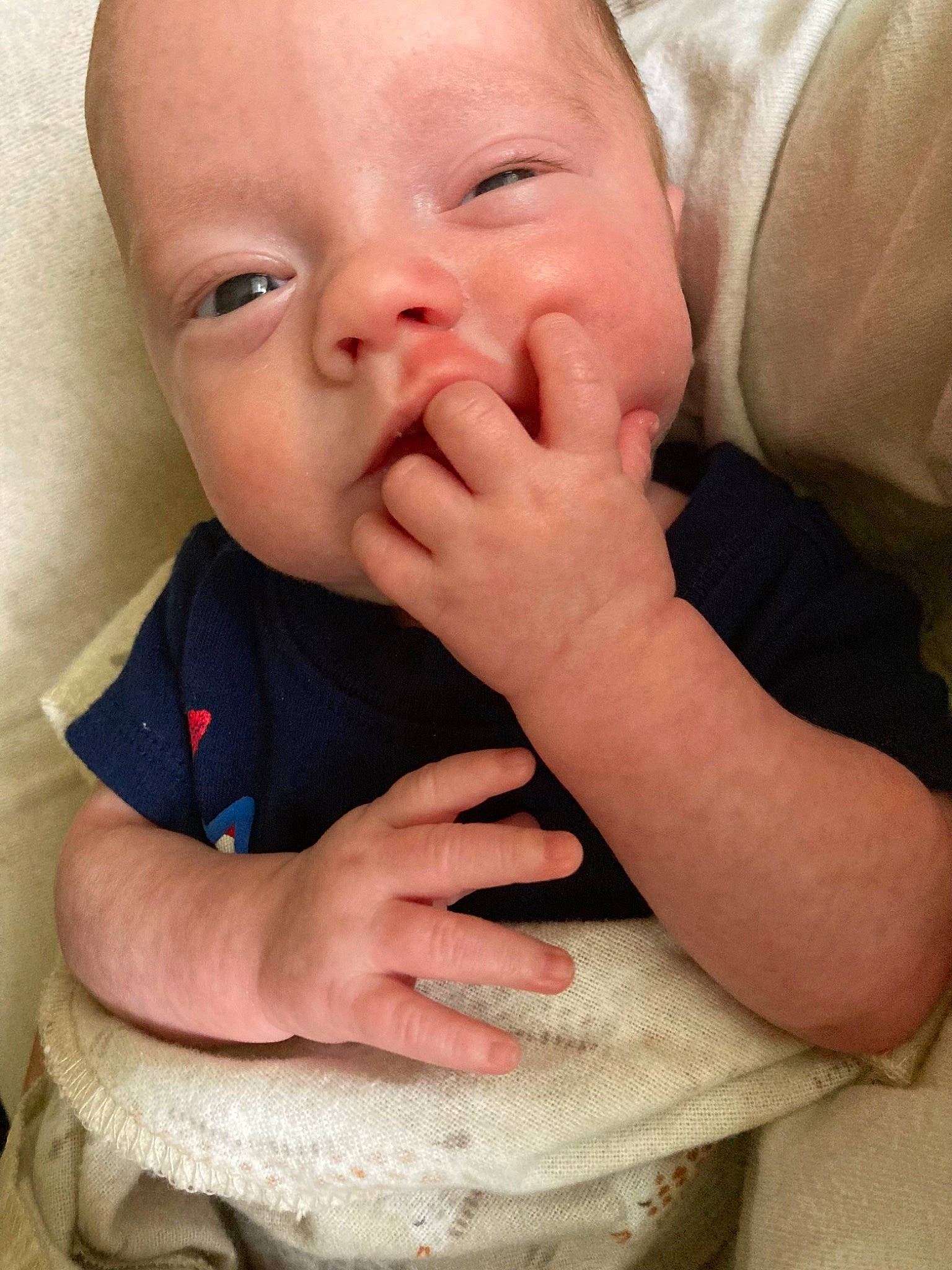 Kaden joined the competition — help win amazing prizes! baby, baby_toddler_clothing, cheek, chin, comfort, eye, eyebrow, eyelash, face, finger, gesture, happy, head, iris, lip, mouth, nose, person, skin, sleeve