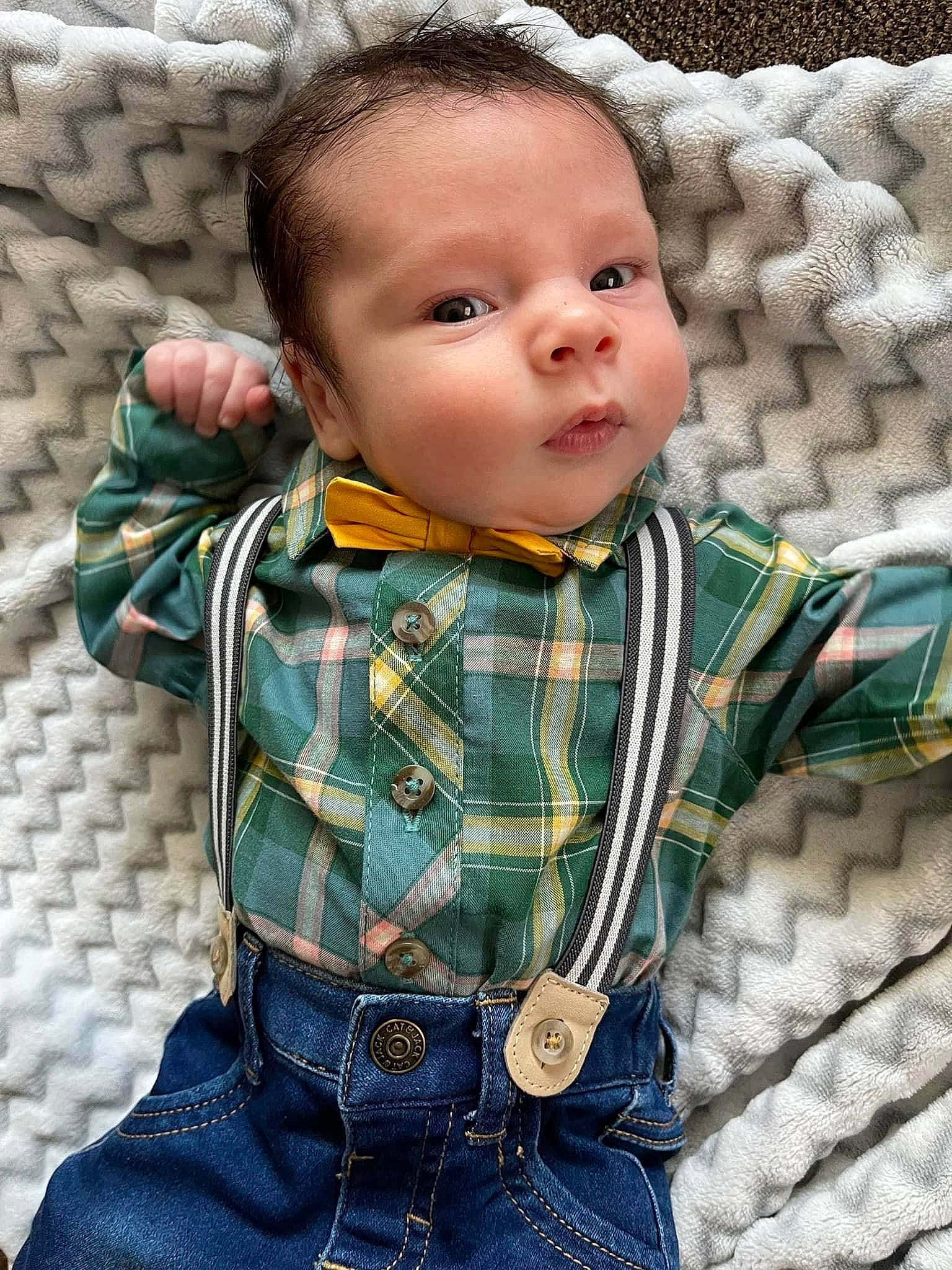 Cashton joined the competition — help win amazing prizes! baby, baby_products, baby_toddler_clothing, cheek, child, comfort, eye, face, head, iris, nose, organ, pattern, person, plaid, skin, sleeve, tartan, textile, toddler