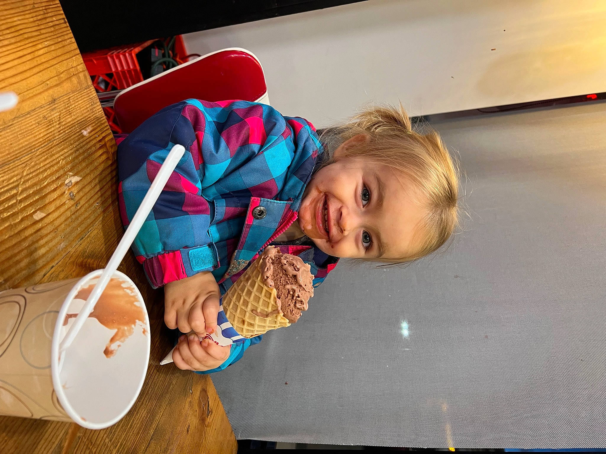 Maya joined the competition — help win amazing prizes! child, flooring, food, fun, happy, joy, leisure, person, plate, play, room, sitting, smile, table, tableware, toddler, wood