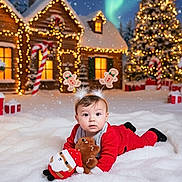 Léon participe au concours pour gagner de l'argent avec cette photo : baby, snow, christmas_tree, lights, night, northern_lights, plush_toy, santa_claus, gingerbread_man, festive_clothing, cabin, winter, holiday, snowfall, headband, decorations, gift_boxes, red_outfit, cute, outdoor