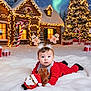 baby, snow, christmas_tree, lights, night, northern_lights, plush_toy, santa_claus, gingerbread_man, festive_clothing, cabin, winter, holiday, snowfall, headband, decorations, gift_boxes, red_outfit, cute, outdoor