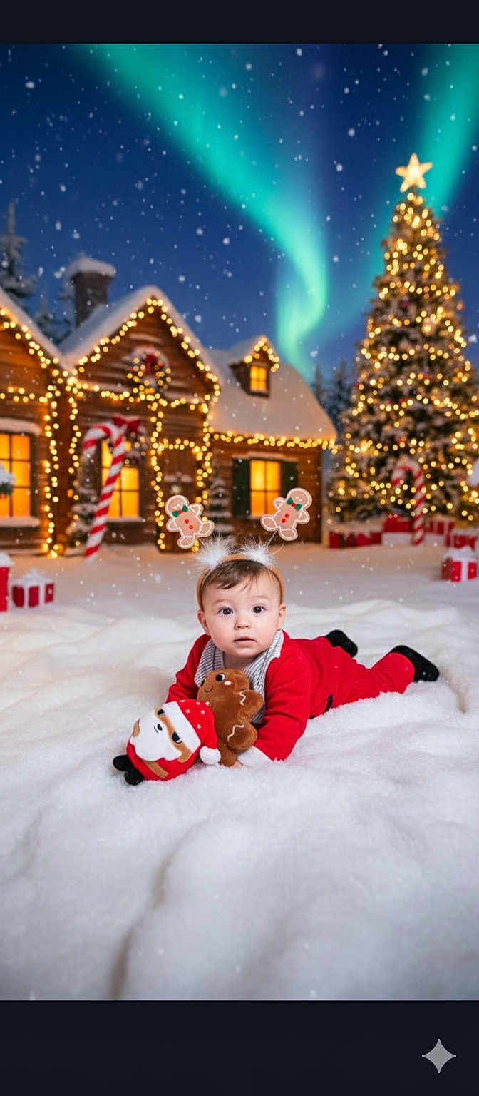 Léon participe au concours pour gagner de l'argent avec cette photo : baby, snow, christmas_tree, lights, night, northern_lights, plush_toy, santa_claus, gingerbread_man, festive_clothing, cabin, winter, holiday, snowfall, headband, decorations, gift_boxes, red_outfit, cute, outdoor