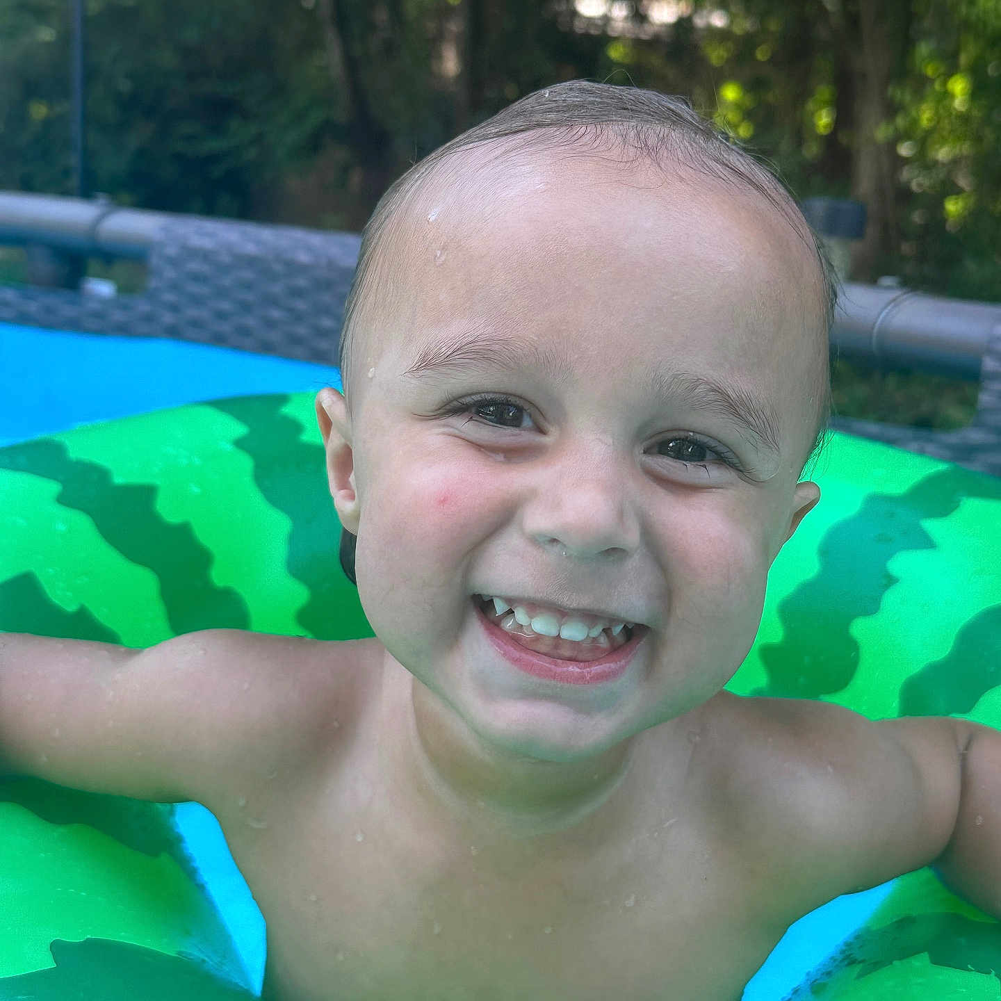 Ej. joined the competition — help win amazing prizes! child, face, floatie, fun, green, happy, head, nature, outdoor, play, pool, skin, smiling, summer, teeth, toddler, trees, vacation, water, watermelon