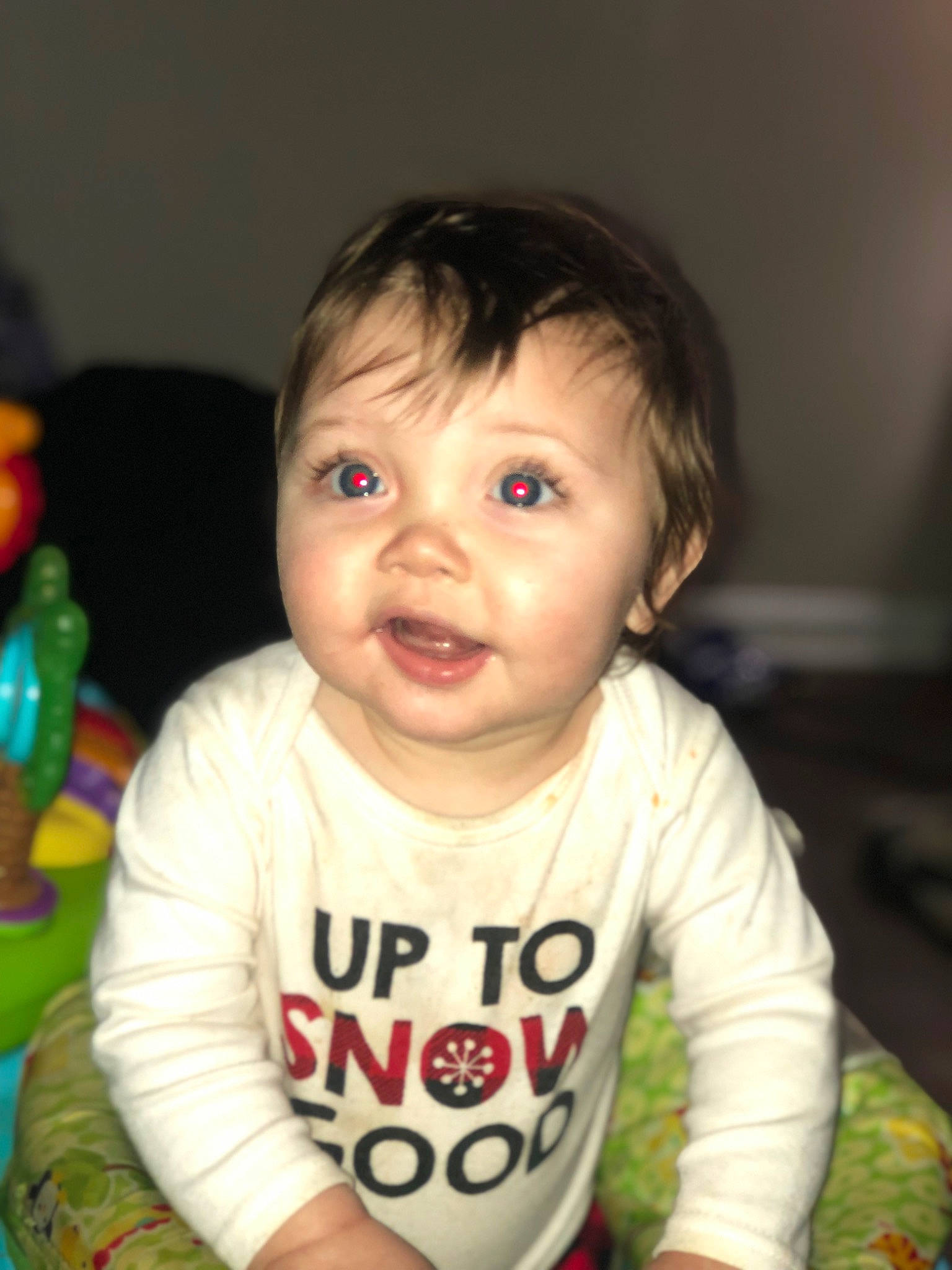Braxton is registered to the contest to win money with this photo: arm, baby, baby_toddler_clothing, cheek, chin, eye, eyebrow, face, finger, gesture, hair, happy, head, human_body, iris, lip, mouth, nose, person, skin