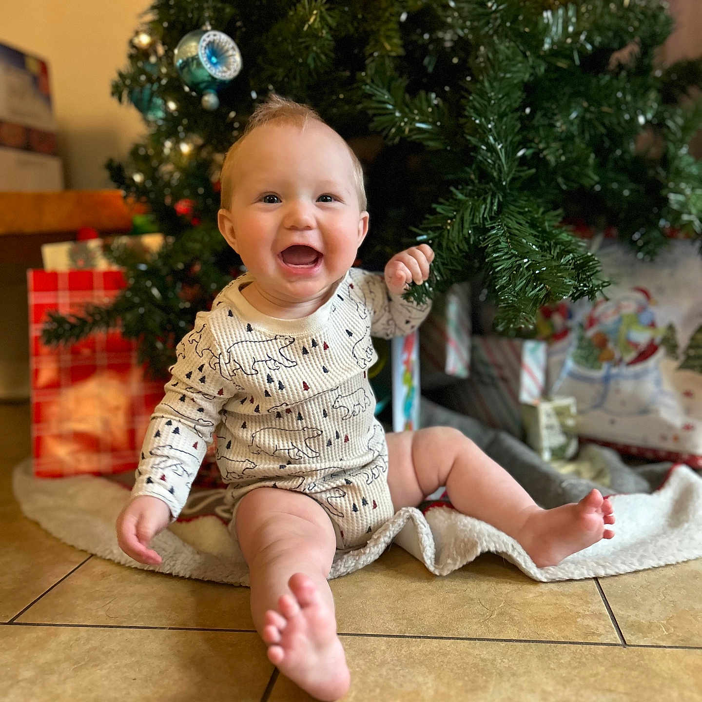 John is registered to the contest to win money with this photo: accessories, baby, babylaughing, clothing, conifer, face, fir, happy, head, laughing, lighting, pants, person, photography, plant, portrait, pottedplant, sitting, smile, tree