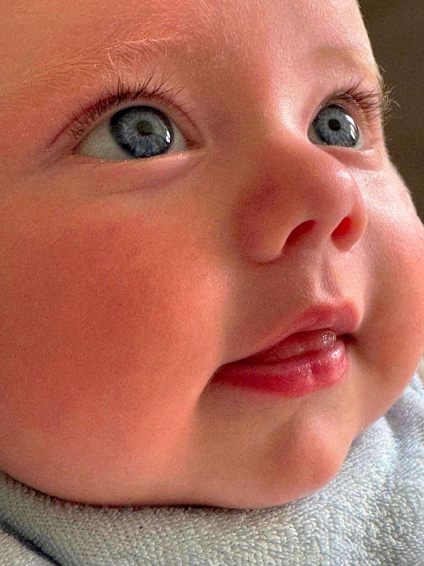 Franklyn is registered to the contest to win money with this photo: baby, close_up, face, blue_eyes, cheeks, tongue, skin, eyelashes, nose, mouth, infant, cute, soft, texture, fabric, expression, human, portrait, child, adorable