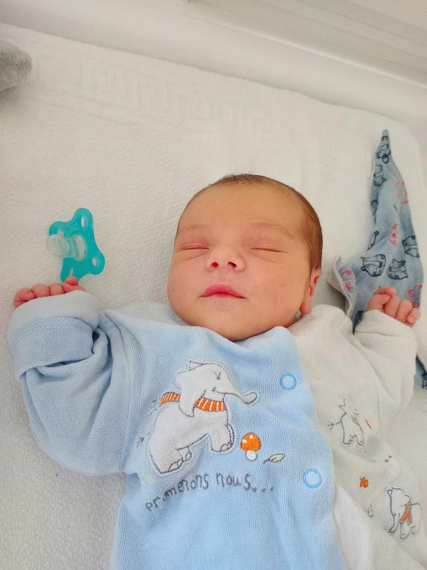 Kaydenn a rejoint le concours — aidez-le/la à gagner de superbes lots ! baby, newborn, sleeping, onesie, blue, white, elephant, towel, pacifier, infant, peaceful, soft, cute, child, hands, face, portrait, cozy, pattern, resting