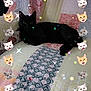 black_cat, bedspread, pattern, cat_faces, digital_border, sparkles, indoor, feline, resting, cute, animal, pet, decorative, playful, whimsical, colorful, overlay, fabric, soft_lighting, cozy