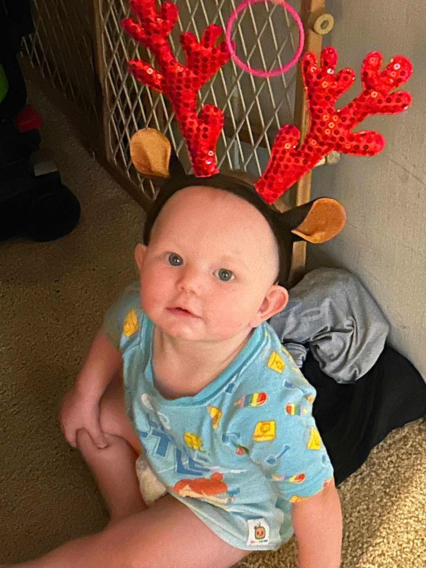 Liam joined the competition — help win amazing prizes! baby, child, reindeer_antlers, headband, carpet, blue_shirt, patterned_clothing, indoor, floor, baby_gate, curious, seated, infant, cute, face, person, ear, expression, clothing, home