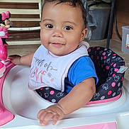 Vivian is registered to the contest to win money with this photo: baby, bib, blue_shirt, child, curly_hair, cute, face, hand, happy, indoor, infant, minnie_mouse, person, pink, polka_dots, seat, smile, toy, walker, white
