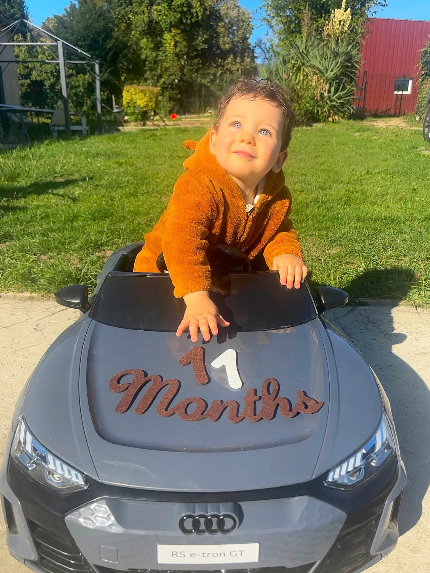 Liam participe au concours pour gagner de l'argent avec cette photo : baby, child, toy_car, audi, outdoor, grass, sunny, hoodie, blue_eyes, curly_hair, months, celebration, greenery, daylight, playful, portrait, vehicle, cute, smiling, garden