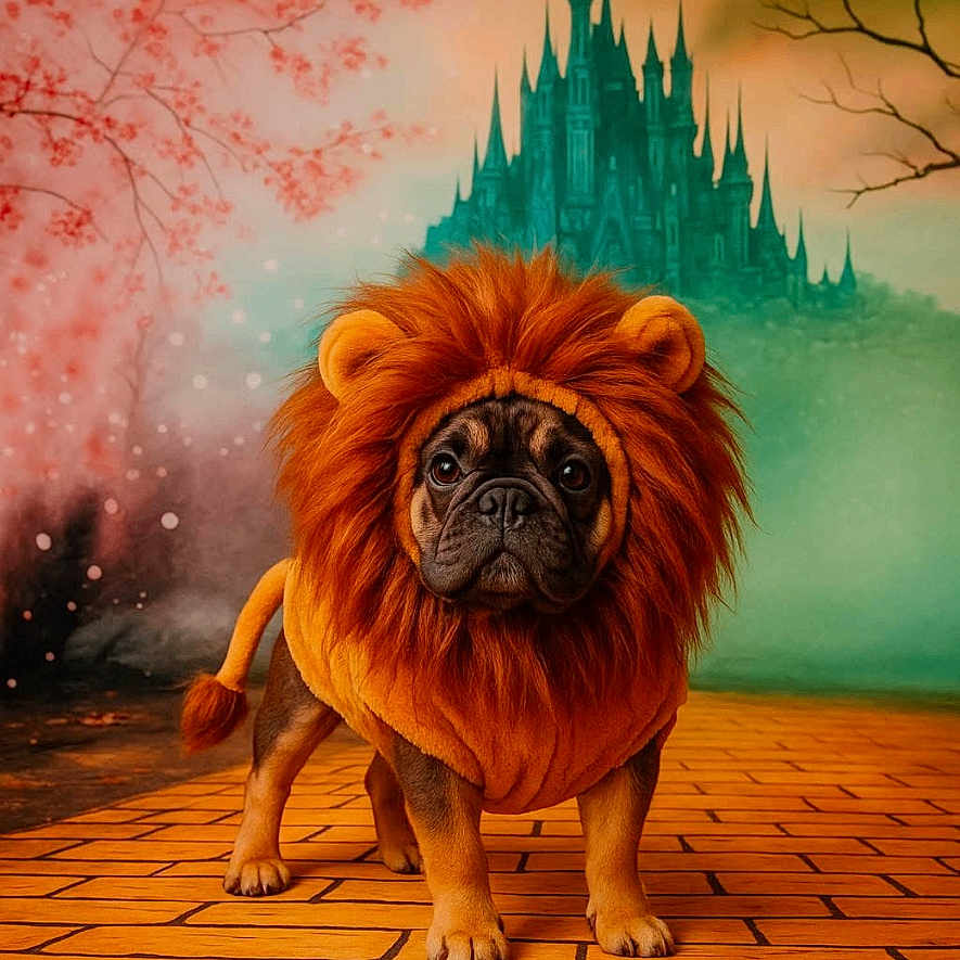 Frito Tito is registered to the contest to win money with this photo: animal, background, brown, castle, costume, cute, dog, eyes, face, fantasy, fur, lion, orange, pet, pink_blossoms, portrait, standing, tree_branches, whimsical, yellow_brick_road