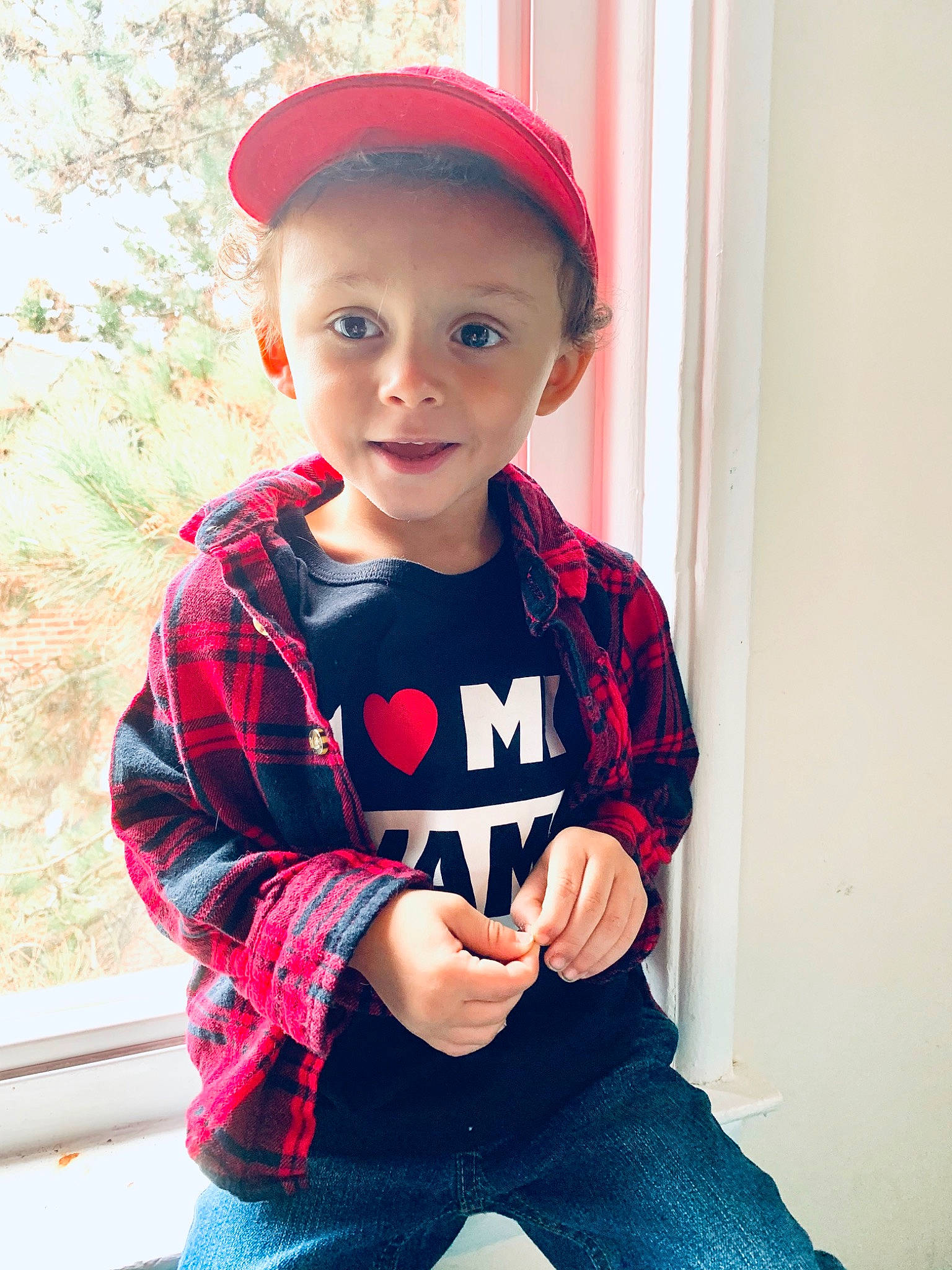 Grayson is registered to the contest to win money with this photo: baby, baby_toddler_clothing, child, child_model, cool, design, fashion_accessory, headgear, headwear, jeans, outerwear, pattern, person, plaid, play, red, sitting, sleeve, smile, standing