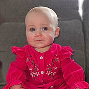 Angelina Rose joined the competition — help win amazing prizes! baby, child, blue_eyes, pink_clothing, floral_embroidery, couch, indoor, portrait, cute, infant, soft_lighting, sitting, long_sleeve, face, young_child, comfortable, expression, person, clothing, home