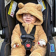 Sora joined the competition — help win amazing prizes! baby, car_seat, child, cute, fuzzy_clothing, hood, infant, mammal_costume, outdoor, person, plush, seatbelt, smile, toddler, transportation, warm_clothing, wearing, young_child, zipper, cute_outfit