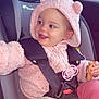 toddler, child, car_seat, pink_hoodie, bear_ears, cookie, pacifier, seatbelt, car_interior, window, smiling, cute, warm_clothing, happy, safety, baby, portrait, indoors, seat, clothing
