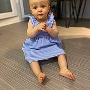 Elya participe au concours pour gagner de l'argent avec cette photo : baby, barefoot, blue_dress, chair, child, curious, cute, expression, floor, flooring, furniture, hands, home, indoor, person, portrait, sitting, striped_dress, wooden_floor, young_child