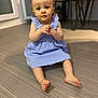 baby, barefoot, blue_dress, chair, child, curious, cute, expression, floor, flooring, furniture, hands, home, indoor, person, portrait, sitting, striped_dress, wooden_floor, young_child