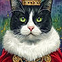 aristocratic, cat, close_up, colorful_background, costume, crown, fur, green_eyes, illustrated, jewelry, necklace, painting, pet, portrait, red_cape, regal, royal_crown, tuxedo_cat, watercolor_background, whiskers