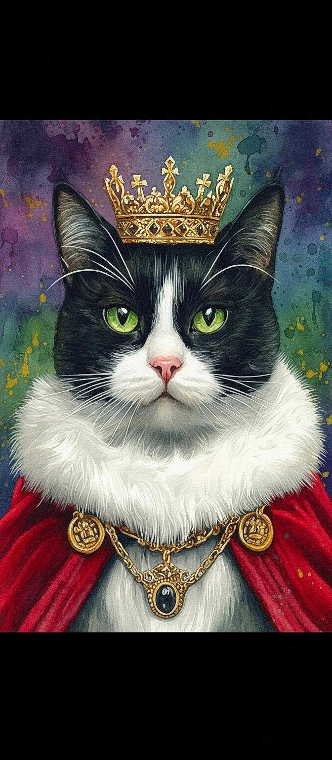 King joined the competition — help win amazing prizes! aristocratic, cat, close_up, colorful_background, costume, crown, fur, green_eyes, illustrated, jewelry, necklace, painting, pet, portrait, red_cape, regal, royal_crown, tuxedo_cat, watercolor_background, whiskers