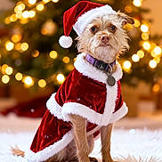 Hazel is registered to the contest to win money with this photo: animal, background_blur, celebration, christmas_tree, collar, costume, cute, decorations, dog, festive, fur, holiday, indoor, lights, pet, portrait, santa_hat, seasonal, snow, warm