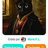 ai_art, animal, black_cat, cat, collar, costume, digital_art, facebook, french_text, green_eyes, humorous, indoors, medallion, ornate, phone_screenshot, portrait, robe, sitting, website, window