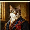 Kalinou a rejoint le concours — aidez-le/la à gagner de superbes lots ! animal, aristocrat, blue_coat, cat, costume, formalwear, fur, green_eyes, historical_costume, indoor, painting_style, phone_screenshot, portrait, red_sash, royal, standing, tabby_cat, whiskers, window, wooden_interior