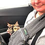 cat, tortoiseshell_cat, person, selfie, car_interior, seatbelt, sling_bag, zipper, steering_wheel, hand, front_seat, window, pet, fabric, closeup, portrait, eyes, smile, seat, upholstery