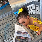 Yamanie is registered to the contest to win money with this photo: child, girl, shopping_cart, newspaper, yellow_dress, hair_accessory, laundromat, curly_hair, reading, metal, floor, background, clothing, indoor, person, portrait, casual, cute, concentration, toddler