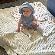 Yamanie is registered to the contest to win money with this photo: baby, bed, blanket, blue_outfit, carpet, child, cute, decor, floor, furniture, hat, home, indoor, person, portrait, pout, sitting, textile, white_socks, young_child