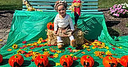 Yamanie is registered to the contest to win money with this photo: autumn_leaves, bench, brown_boots, celebration, child, decor, fall, flowers, green_background, hat, hay_bale, holiday, outdoor, plaid_skirt, pumpkin, scarecrow, smiling, sunlight, toddler, white_tights