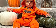 Makenai joined the competition — help win amazing prizes! baby, barefoot, carpeted_stairs, child, costume, cute, decorative, fall_decor, festive, green_pumpkin, halloween, holiday, indoors, lantern, orange_hoodie, portrait, pumpkin, pumpkin_costume, sitting, white_pumpkin