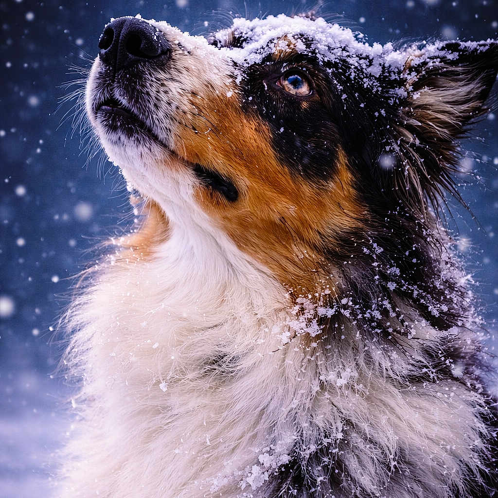 Wonka a rejoint le concours — aidez-le/la à gagner de superbes lots ! adorable, animal, animal_portrait, canine, closeup, cold, cute, dog, fluffy, frost, fur, looking_up, nature, outdoor, portrait, snout, snow, snowflakes, winter, winter_weather