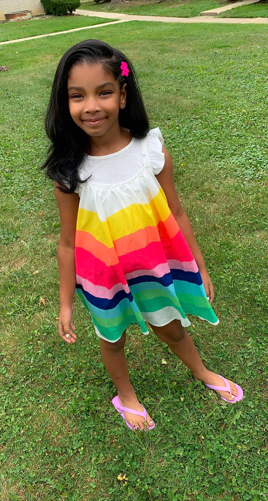 Kennedi joined the competition — help win amazing prizes! baby_toddler_clothing, child, day_dress, dress, foot, grass, hair, happy, human_leg, joy, magenta, pattern, people_in_nature, person, pink, plant, sandal, sleeve, smile, spring