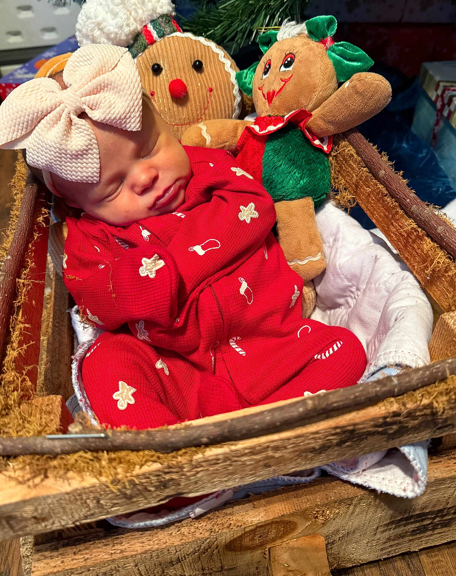 Raelynn joined the competition — help win amazing prizes! baby, sleeping, red_pajamas, pink_bow, wooden_basket, blanket, plush_doll, gingerbread_doll, holiday_theme, cozy, infant, cute, soft_toys, festive, indoors, peaceful, child, decor, smiling_doll, christmas