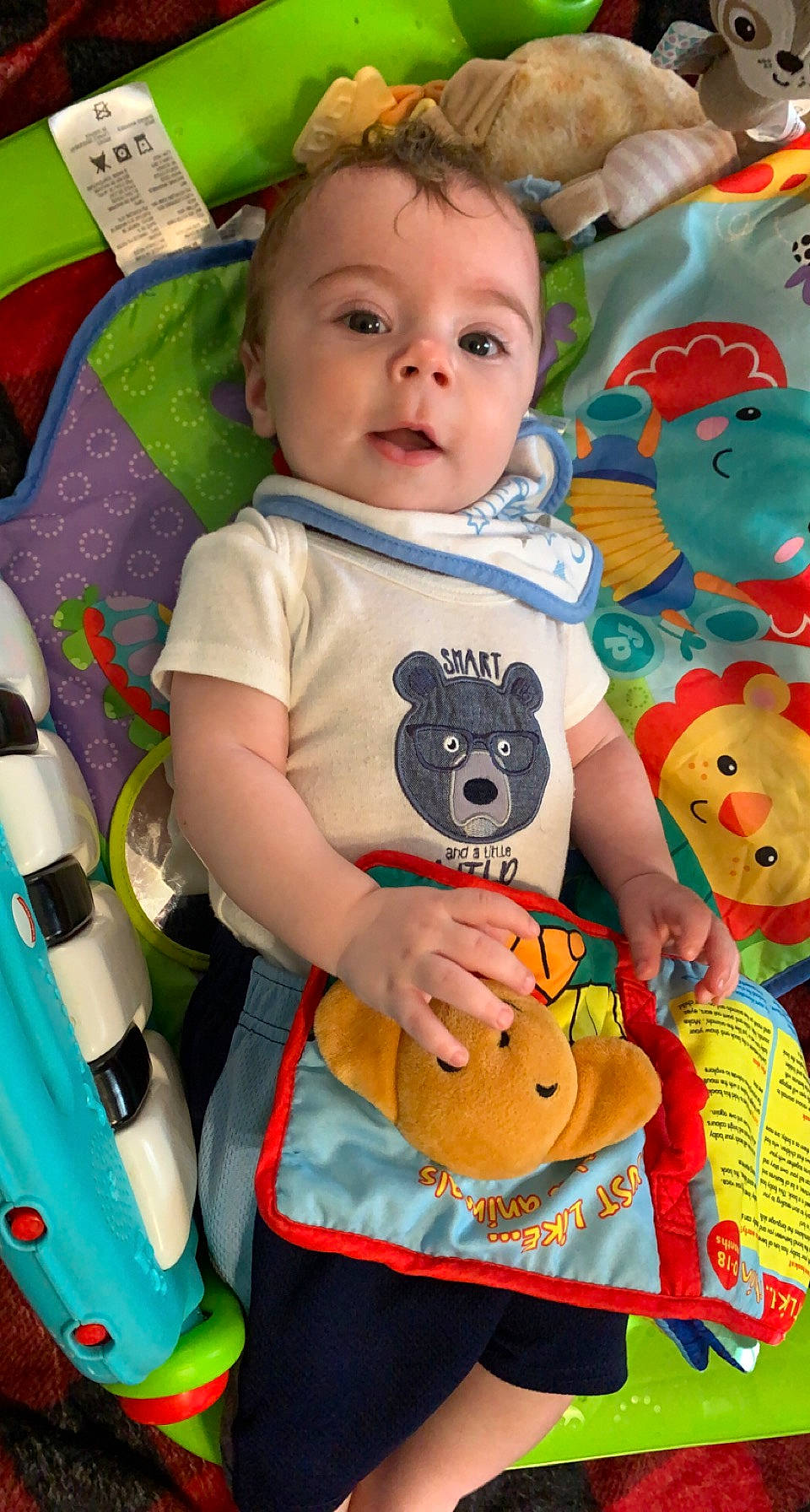 Carter is registered to the contest to win money with this photo: baby, baby_products, baby_toddler_clothing, cheek, child, face, facial_expression, fun, green, happy, head, organ, person, product, sleeve, snapshot, t_shirt, textile, toddler, toy