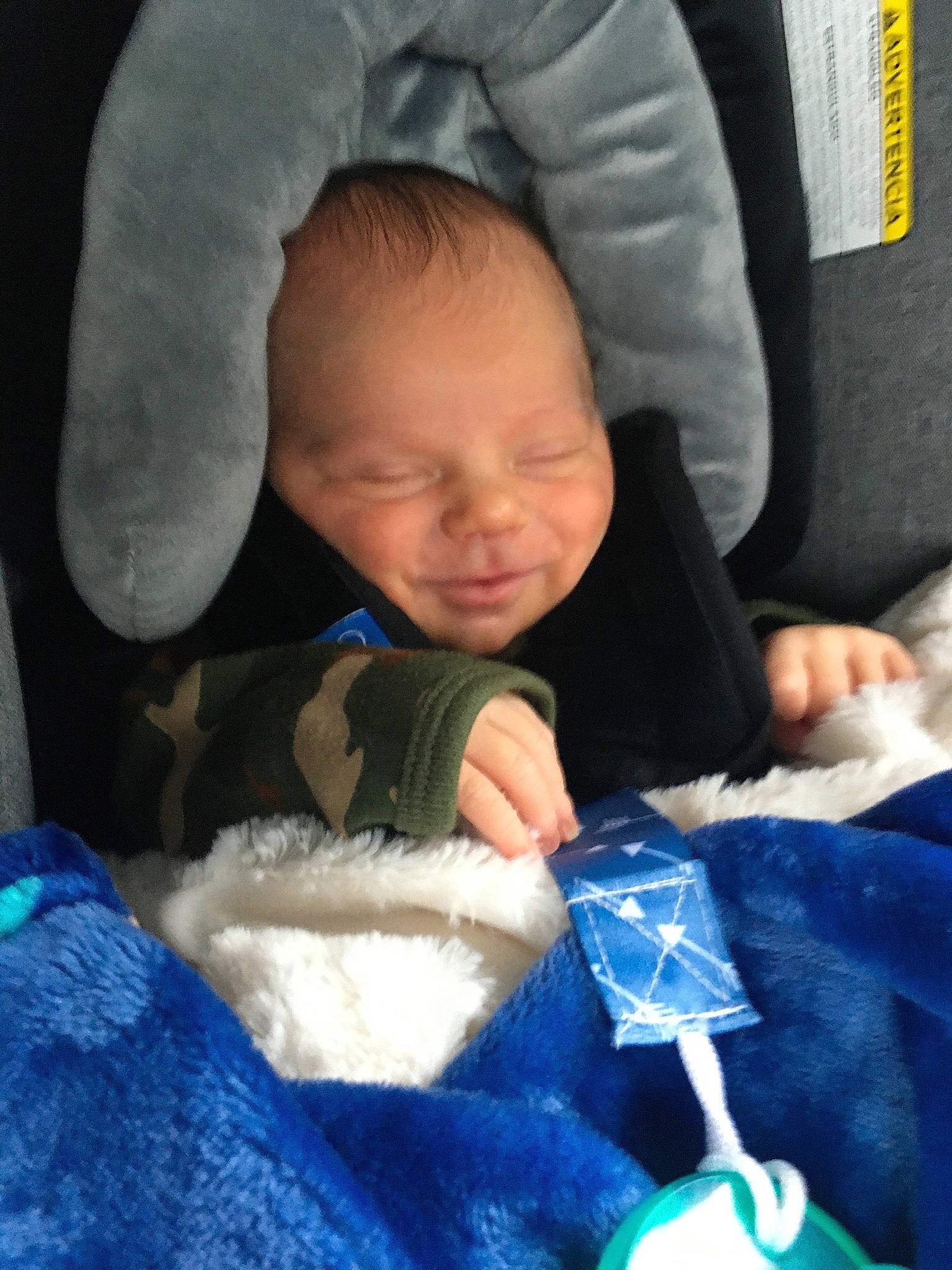 Carter joined the competition — help win amazing prizes! azure, baby, baby_carriage, baby_in_car_seat, baby_sleeping, baby_toddler_clothing, blue, car_seat, cheek, child, comfort, eye, finger, gesture, nose, outerwear, person, skin, textile, thumb