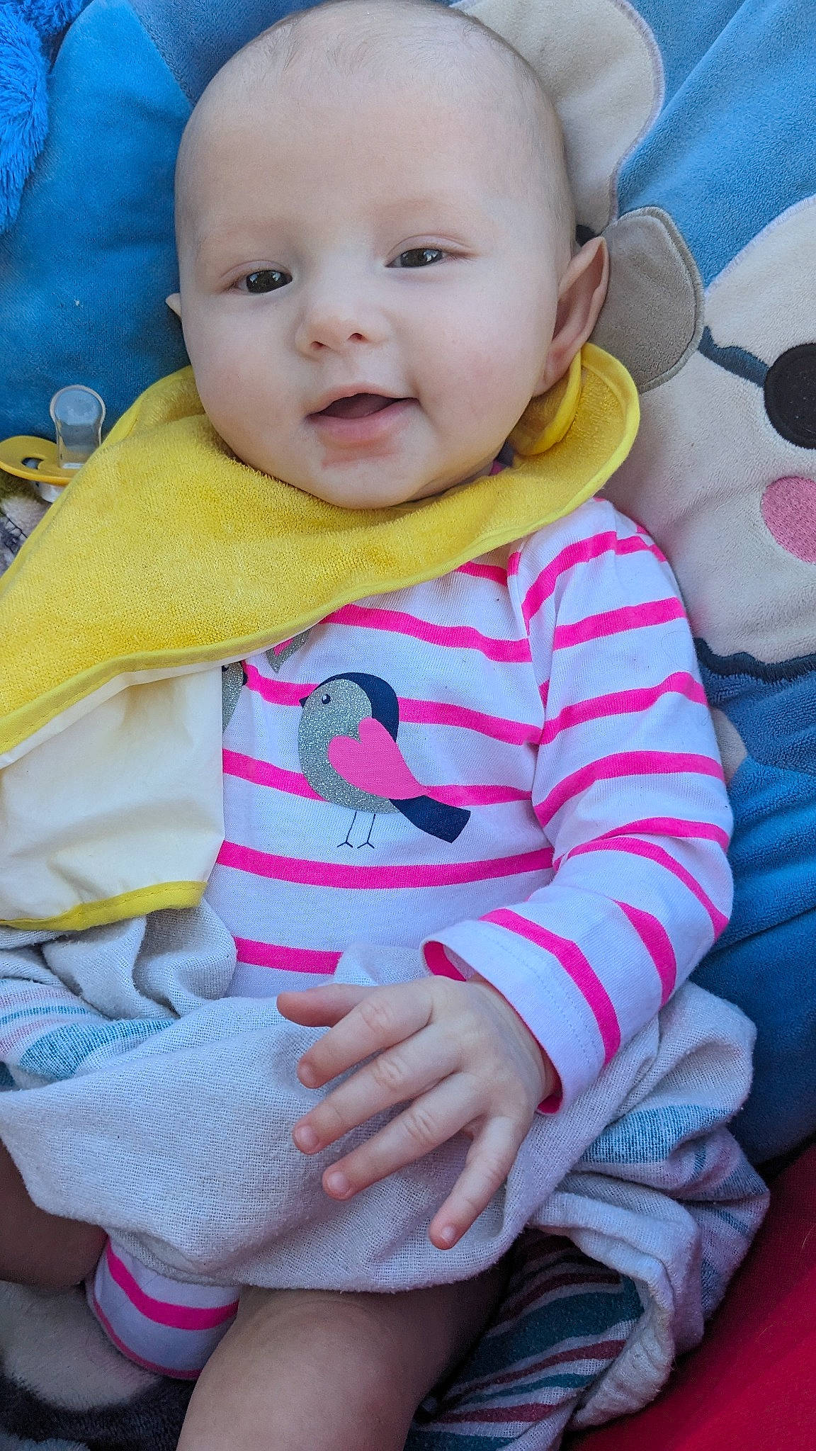 Amelia joined the competition — help win amazing prizes! baby, baby_products, baby_toddler_clothing, blue, cheek, child, comfort, facial_expression, happy, lip, magenta, nose, person, pink, product, sitting, skin, sleeve, smile, toddler