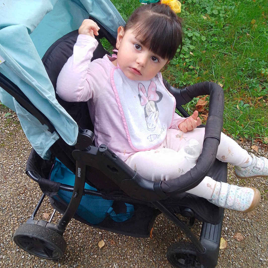 Mia participe au concours pour gagner de l'argent avec cette photo : bib, casual, child, curious_expression, daylight, fence, grass, greenery, hair_accessory, nature, outdoor, park, path, person, pink_clothing, shoes, sitting, stroller, toddler, young_child