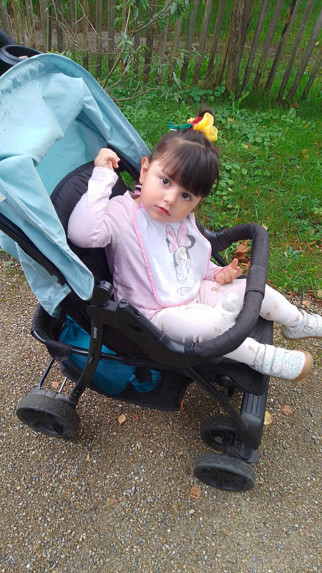 Mia participe au concours pour gagner de l'argent avec cette photo : toddler, child, stroller, outdoor, grass, fence, path, greenery, hair_accessory, bib, pink_clothing, shoes, curious_expression, person, nature, young_child, casual, daylight, park, sitting