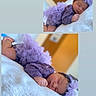 baby, newborn, sleeping, purple_outfit, headband, blanket, soft_texture, indoor, closeup, portrait, infant, cute, peaceful, resting, child, toddler, clothing, fabric, homedecor, warm_lighting